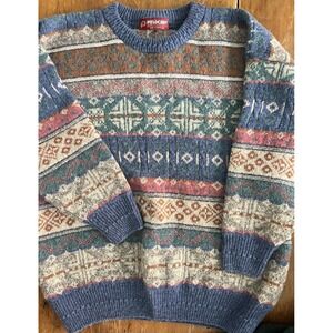 VTG Pitlochry Shetland Wool Sweater LARGE AOP boxy Aztec‎ Geometric Coogi Style